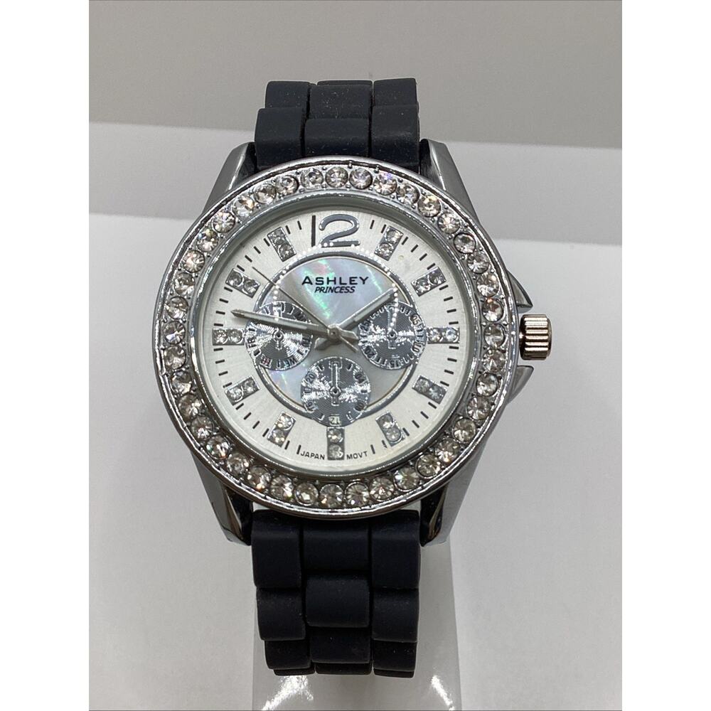 Ashley Princess Womenw Silver Rhinestone Watch Black Rubber Band New Battery!